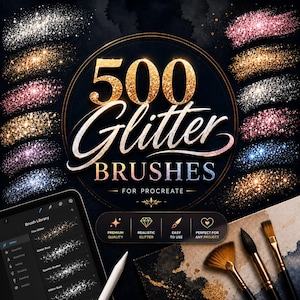 Peut inclure: Une collection numérique de 500 pinceaux pailletés pour Procreate avec diverses textures scintillantes en or, argent, rose et bleu. L'image affiche le texte 500 Glitter Brushes for Procreate, un écran de tablette avec une bibliothèque de pinceaux et trois pinceaux.