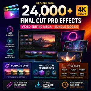 May include: A digital product bundle for Final Cut Pro featuring 24,000+ effects, 30GB+ of content, and 4K ready assets. Includes LUTS, 3D motion transitions, and a title pack with animated text effects, all designed for fast rendering and cloud compatibility.
