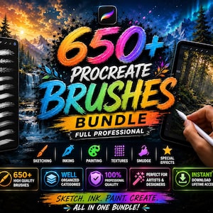 May include: A digital bundle of 650+ Procreate brushes featuring professional tools for sketching, inking, painting, textures, smudge, and special effects. The graphic includes the text 650+ PROCREATE BRUSHES BUNDLE FULL PROFESSIONAL and SKETCH. INK. PAINT. CREATE. ALL IN ONE BUNDLE.