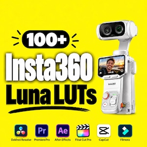 Könnte beinhalten: Eine weiße Insta360-Kamera mit einem kardanisch gelagerten Objektiv und einem Bildschirm, der eine Person zeigt. Der gelbe Hintergrund enthält den Text 100+ Insta360 Luna LUTs und Symbole für DaVinci Resolve, Premiere Pro, After Effects, Final Cut Pro, CapCut und Filmora.