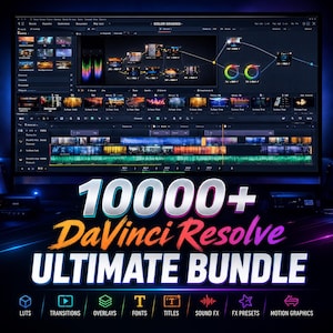 May include: A digital display showing the DaVinci Resolve software interface with color grading nodes and a timeline. The text 10000+ DaVinci Resolve ULTIMATE BUNDLE is displayed below, with icons for LUTS, transitions, overlays, fonts, titles, sound FX, FX presets, and motion graphics.