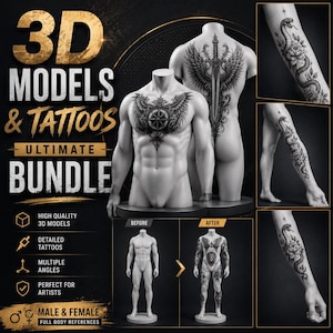 Procreate 3D Tattoo Models Bundle | Male Female Body References, Stamps, Brushes, Fonts & Skin Tones for iPad Digital Download