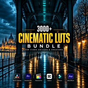 Puede incluir: Un gráfico digital con el texto 3000+ CINEMATIC LUTS BUNDLE FOR VIDEO EDITORS & CREATORS sobre una escena nocturna de un puente mojado. Se muestran los iconos de DaVinci Resolve, Premiere Pro, Final Cut Pro, CapCut, Filmora y After Effects.