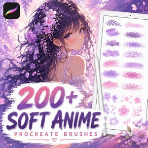 Peut inclure: Une illustration numérique d'un personnage d'anime aux longs cheveux violets ornés de fleurs roses, à côté d'une tablette affichant des traits de pinceau et des tampons floraux violets et roses, avec le texte 200+ SOFT ANIME PROCREATE BRUSHES.