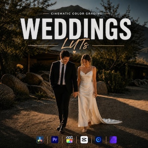 Op de afbeelding: Een digitale productadvertentie getiteld CINEMATIC COLOR GRADING WEDDINGS LUTs met een koppel dat buiten loopt. De tekst is gecentreerd in wit en goud. Zes software-iconen worden onderaan de afbeelding weergegeven.