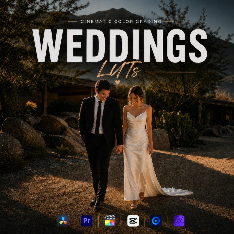Op de afbeelding: Een digitale productadvertentie getiteld CINEMATIC COLOR GRADING WEDDINGS LUTs met een koppel dat buiten loopt. De tekst is gecentreerd in wit en goud. Zes software-iconen worden onderaan de afbeelding weergegeven.