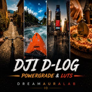 Puede incluir: Una imagen compuesta por cuatro paneles verticales que muestran una bicicleta en una calle empedrada, un kayak naranja en un río, una calle urbana concurrida y una pizza siendo cortada. El texto dice DJI D-LOG POWERGRADE & LUTS DREAM AURALAB.