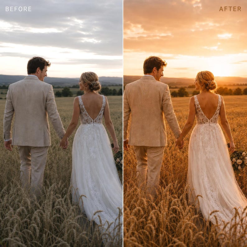 Op de afbeelding: Een gesplitst scherm toont een koppel dat door een tarweveld loopt. Links heeft de sc&egrave;ne koele, gedempte tinten. Rechts is dezelfde sc&egrave;ne versterkt met warm, goudkleurig zonsonderganglicht, wat de texturen van de tarwe benadrukt.