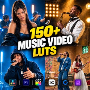 May include: A digital collection of 150+ Music Video LUTs featuring four distinct scenes: a woman in a blue top, a person playing a saxophone, a person in a dark hoodie singing into a microphone, and a duo performing with a guitar and microphone.