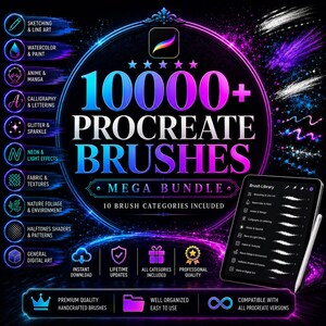 10,000+ Procreate Brushes Mega Bundle | 231 Brush Sets: Sketching, Watercolor, Anime, Lettering, Glitter, Neon & Fabric Texture Brushes