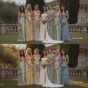 Op de afbeelding: Een groep van zeven personen in formele vloerlange jurken die in een rij buiten staan. De jurken hebben verschillende stijlen, waaronder strapless, halter en off-shoulder halslijnen in tinten saliegroen, geel, bloemenpatroon, wit en blauw.