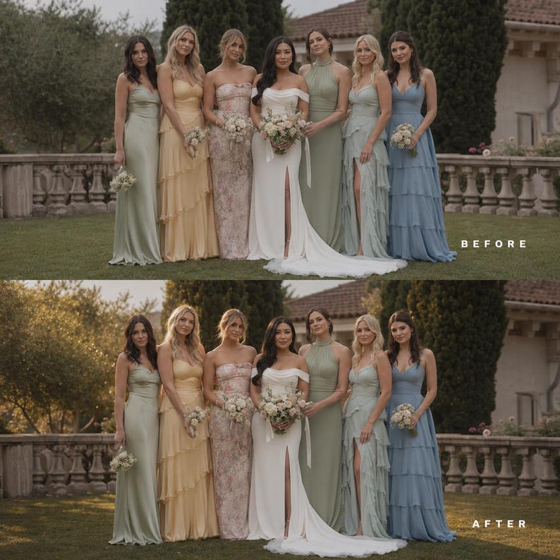 Op de afbeelding: Een groep van zeven personen in formele vloerlange jurken die in een rij buiten staan. De jurken hebben verschillende stijlen, waaronder strapless, halter en off-shoulder halslijnen in tinten saliegroen, geel, bloemenpatroon, wit en blauw.
