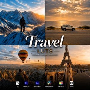 Puede incluir: Un collage de cuatro paneles con escenas de viaje y el texto Travel LUTS CINEMATIC COLORS, ANYWHERE. Las imágenes incluyen a un excursionista en una montaña nevada, un coche junto al mar al atardecer, globos aerostáticos y la Torre Eiffel al atardecer.