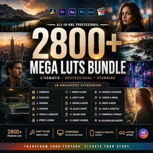 May include: A digital product advertisement for a 2800+ Mega LUTs bundle featuring software icons, photographic examples of landscapes, cityscapes, and portraits, and a list of 18 organized categories including cinematic, wedding, and vintage.