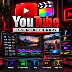 Può includere: Una visualizzazione di prodotto digitale con il testo YouTube Essential Library, uno schermo di portatile che mostra un software di montaggio video con un paesaggio montano e icone per effetti, generatori, titoli, transizioni e barre informative.