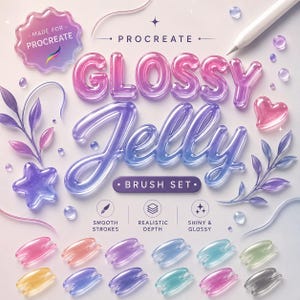May include: A digital brush set for Procreate titled Glossy Jelly, featuring 3D-style lettering in pink and blue gradients. The design includes decorative elements like a star, heart, leaves, and various colourful jelly-like swatches.