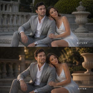 Op de afbeelding: Een lichtgrijs kostuum met bijpassende broek en een wit overhemd, gecombineerd met een witte mouwloze slipdress met een boothals. De afbeelding toont een voor-en-na vergelijking van hetzelfde koppel in formele kleding.