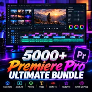 Op de afbeelding: Een computermonitor met de Adobe Premiere Pro videobewerkingsinterface, inclusief tijdlijn, projectvenster en kleurcorrectietools. De tekst 5000+ Premiere Pro ULTIMATE BUNDLE is over het beeld geplaatst met iconen voor overgangen, overlays, presets, titels, geluidseffecten, sjablonen en motion graphics.