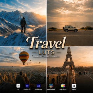 May include: A digital product display titled Travel LUTS Cinematic Colors Anywhere featuring four quadrants: a hiker on a snowy mountain, a car on a coastal road, hot air balloons over a landscape, and a person standing before the Eiffel Tower.