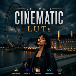 May include: A digital graphic featuring the text ULTIMATE CINEMATIC LUTs over a night scene of a person, a Ferris wheel, and city buildings. Icons for DaVinci Resolve, Premiere Pro, Final Cut Pro, Lightroom Classic, and CUBE file formats are displayed.