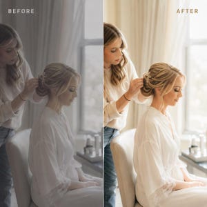 Op de afbeelding: Een gesplitst scherm toont een voor-en-na fotobewerking van een persoon met blond haar in een opgestoken kapsel, gekleed in een witte kamerjas met kanten rand. Een gouden haaraccessoire is aan de zijkant van het haar bevestigd.