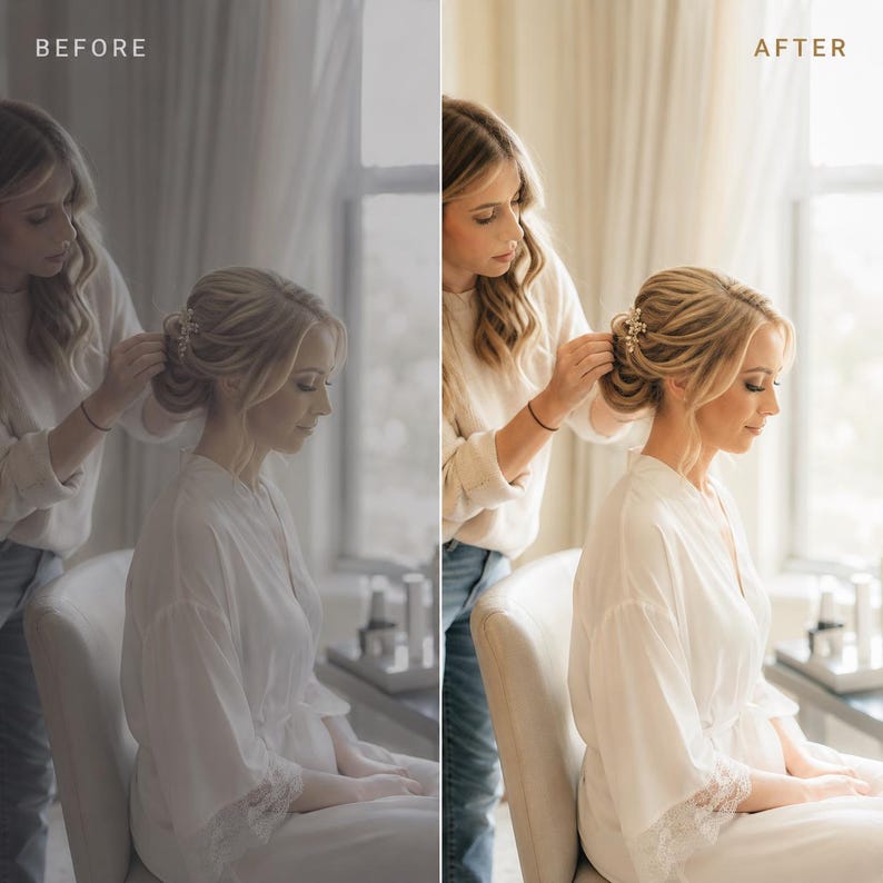 Op de afbeelding: Een gesplitst scherm toont een voor-en-na fotobewerking van een persoon met blond haar in een opgestoken kapsel, gekleed in een witte kamerjas met kanten rand. Een gouden haaraccessoire is aan de zijkant van het haar bevestigd.