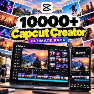 May include: A digital product bundle featuring a laptop and smartphone displaying the CapCut video editing interface, surrounded by a collage of various video thumbnails and the text 10000+ CapCut Creator ULTIMATE PACK.