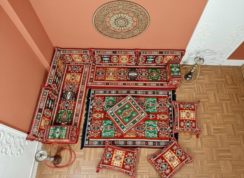 Majlis Rug L Shape Majlis, Red Green Majlis Sofa, Turkish Kilim Sofa, Oriental ...