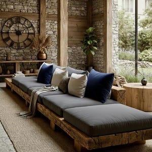 Könnte beinhalten: Ein modernes, rustikales Wohnzimmer mit einem großen, grau gepolsterten Sofa aus Altholz. Das Sofa ist mit marineblauen und weißen Kissen geschmückt. Eine große Uhr hängt an einer Steinmauer, und ein Jute-Teppich bedeckt den Boden.