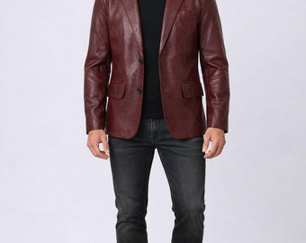 Echte schapenvachtleren blazer heren kastanjebruine sportjas met twee knopen Cadeau hem