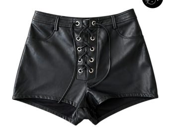 Damen Echtes Schaffell Leder Shorts Schnür Bold Biker Streetwear Mode Shorts