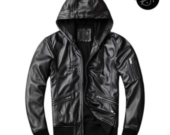 Echte leren herenhoodie met capuchon, handgemaakte lamsleren capuchon met rits