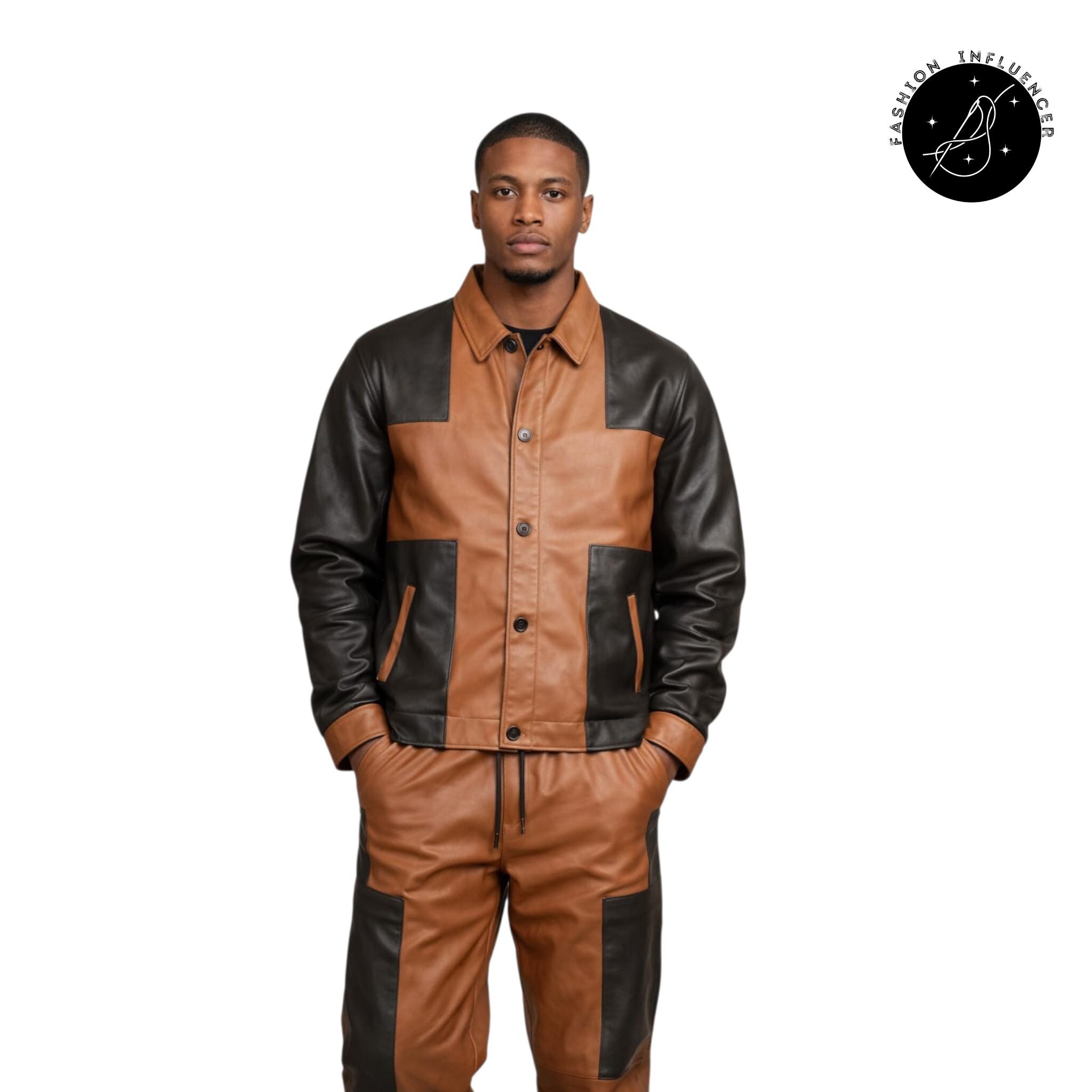 Men's Lambskin Leather Tracksuit: Handmade Two-Tone Co-ord Set