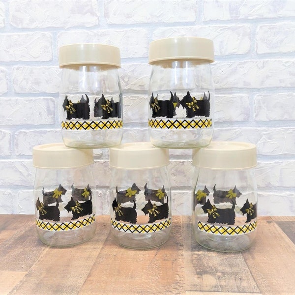 SCOTTY DOG noir jaune blanc Carlton verre bocaux de stockage chien nourriture traiter conteneurs titulaires vintage Home Decor ensemble de 5