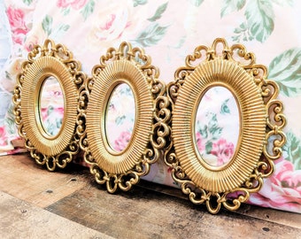 VINTAGE Woven Wicker Rattan Style Scrolled Oval Wall MIRRORS Distressed Metallic Gold Retro Funky Groovy Mid Mod Century MODERN Design Lot 3