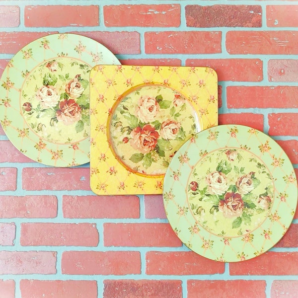 Gorgeous Cabbage ROSES Floral Square Circular Decorative Large PLATES Minty Sage GREEN Golden Yellow Unique Wallpaper Romantic Grouping Of 3