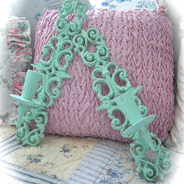 HOLIDAY SALE Upcycled Eco Friendly Shabby Sea Foam Aqua Green Burwood Ornate Scrolled Candle Wall Sconces Set