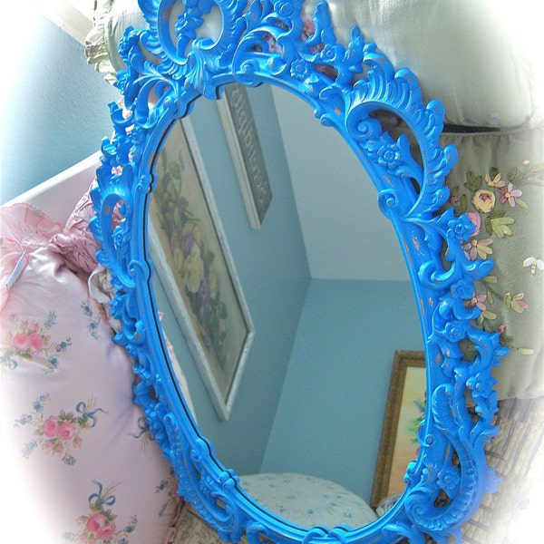 SWEET Vintage Ornate French Barbola Style SYROCO Electric Blue Wall MIRROR Hollywood Regency Chic