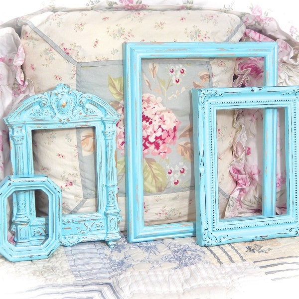 RESERVED FOR LINKWOOD Shabby Vintage Aqua Blue Distressed Ornate Carved Gesso Picture Photo Frames Set 4 Cottage Chic Ready To Ship