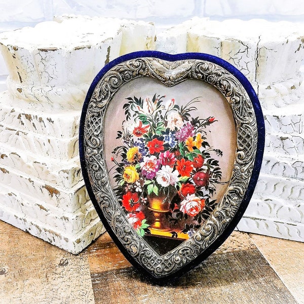 Stunning Vintage Ornate HEART Shaped Picture Photo Frame Victorian Valentine SILVER PLATED Tabletop Easel Dark Navy Blue Velvet Unique