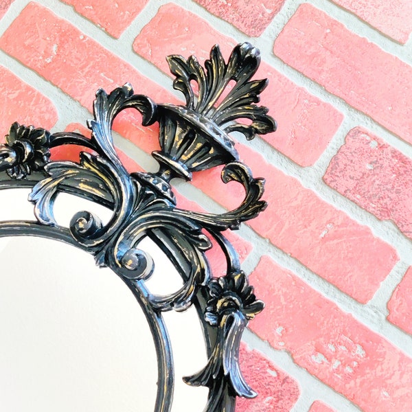 SHABBY Distressed Weathered Black Round Wall MIRROR Baroque Highly Ornate Fancy ITALY Florentine Rococo Style Upcycled