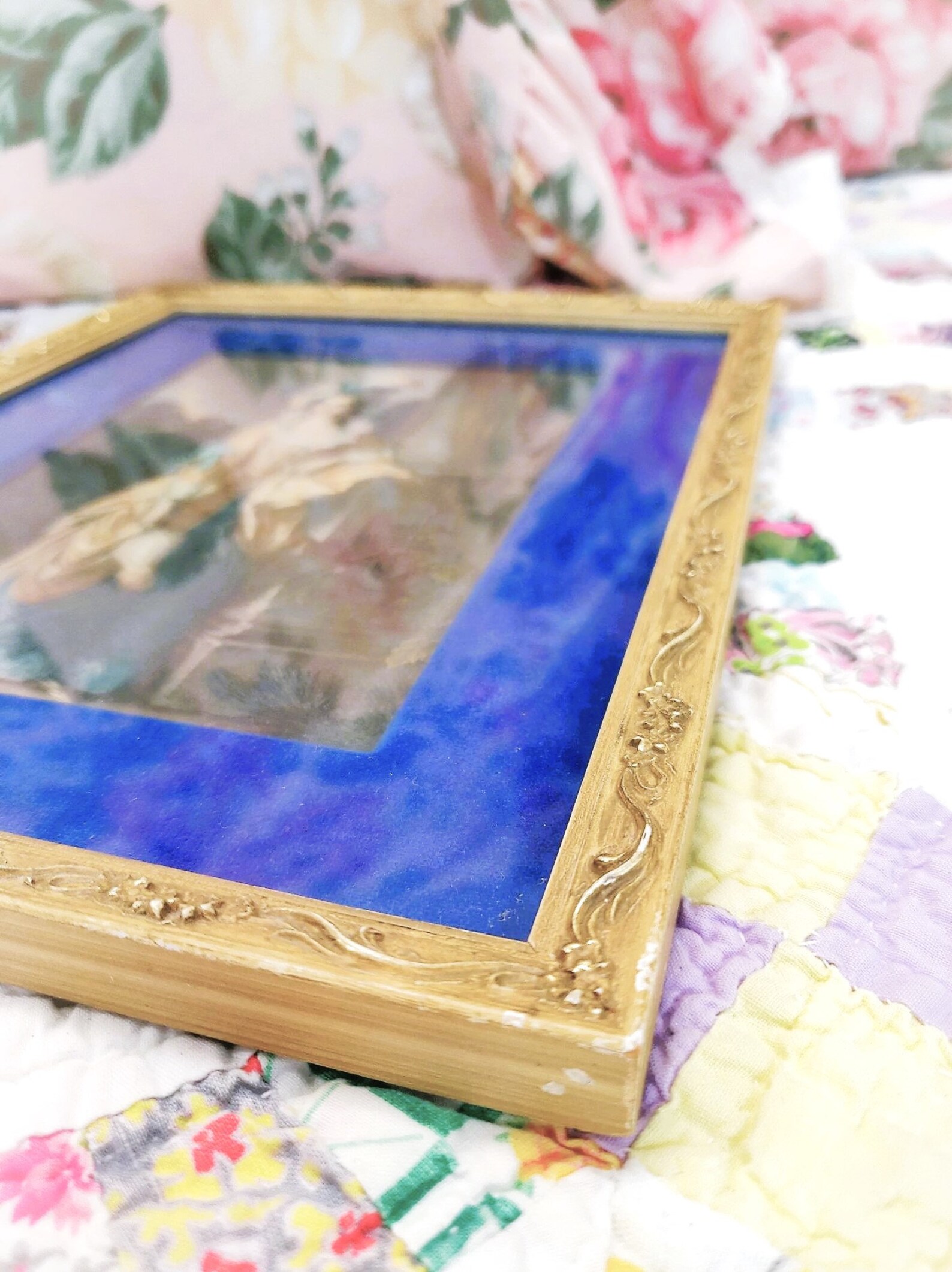Stunning VINTAGE Ornate Floral Picture Frame BLUE Velvet Mat Etsy