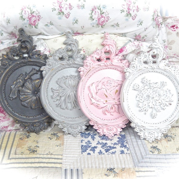 Shabby White Pink Light Dark Gray Wall Plaques Hangings Collage Floral Rose Ornate Fancy Home Decor Cottage Chic Set Of 4