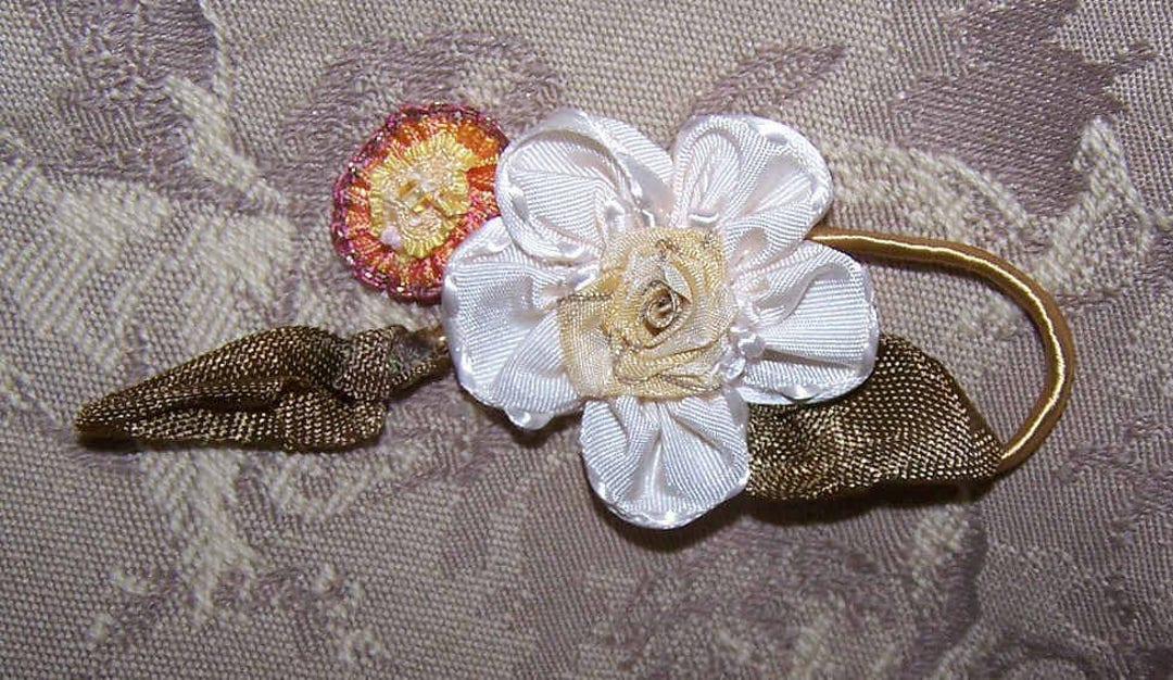 Handmade French Revival Ribbonwork Floral Applique Embellishment Cream