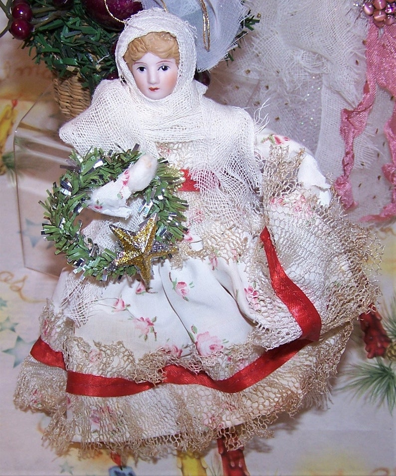 Handcrafted OOAK Victorian Revival Spun Cotton Holiday Ornament Lady in
