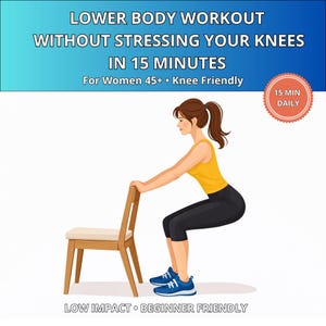 Könnte beinhalten: Illustration einer Frau, die mit einem Stuhl trainiert und ein Unterkörpertraining bewirbt. Das Bild enthält den Text: "LOWER BODY WORKOUT WITHOUT STRESSING YOUR KNEES IN 15 MINUTES". Der Text enthält auch "For Women 45+ • Knee Friendly" und "LOW IMPACT • BEGINNER FRIENDLY".