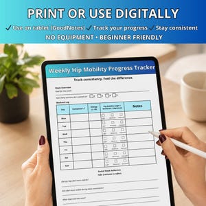 May include: A digital weekly hip mobility progress tracker displayed on a tablet. The tracker includes sections for tracking daily progress, energy levels, and notes. The text at the top says "Print or Use Digitally". A hand holds a stylus to write on the screen.