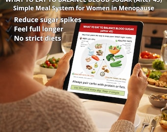 Guia para o equilíbrio do açúcar no sangue | Plano alimentar para a menopausa | Energia estável e sem desejos por doces | Lista de alimentos que evitam picos de açúcar | Plano alimentar em PDF | GoodNotes