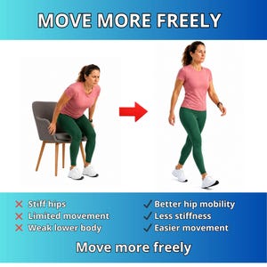 May include: Image showing a woman in activewear demonstrating improved mobility. The text "MOVE MORE FREELY" is at the top. The image shows a before and after comparison, highlighting the benefits of exercise. The text also lists the benefits of exercise.
