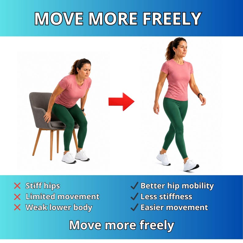 May include: Image showing a woman in activewear demonstrating improved mobility. The text "MOVE MORE FREELY" is at the top. The image shows a before and after comparison, highlighting the benefits of exercise. The text also lists the benefits of exercise.
